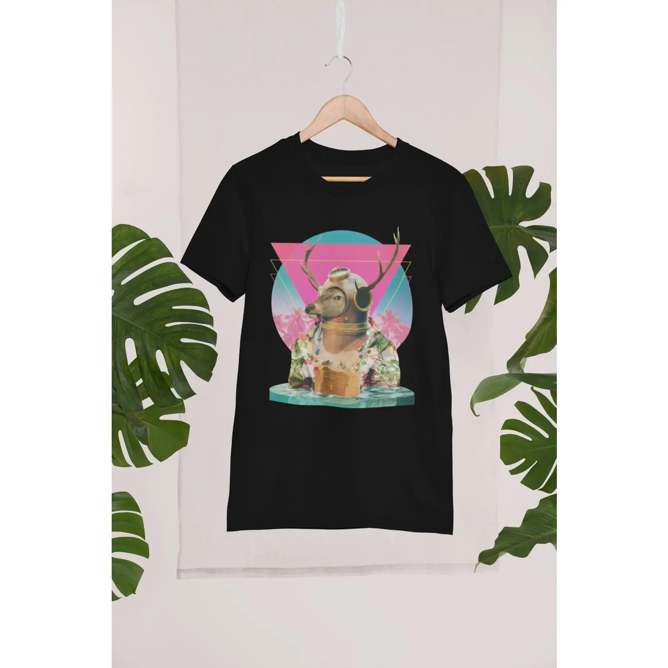 Women's funny deer Graphic T-Shirt - Short Sleeve Crew Neck Regular Fit Casual Wear | Soft & Breathable Fabric, Durable Print, Everyday Comfort, Machine Washable, retro vaporwave hanging on a hanger
