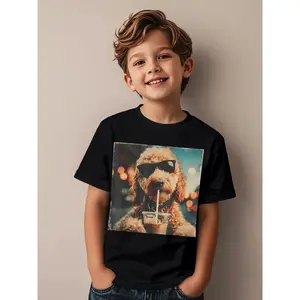 Funny Goldendoodle Drinking Iced Coffee Dog with Sunglasses Novelty Aesthetic Graphic Kid T-Shirt Fashion Kid T Shirts Street Style Tees Tops for Kid
