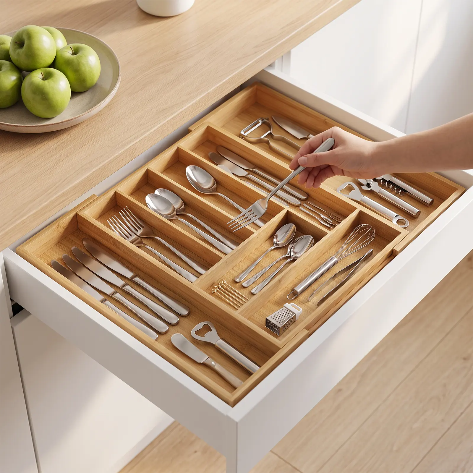 LOVEWE Natural Bamboo Drawer Organizer - Expandable Adjustable Wooden Utensil & Silverware Tray with Dividers, 6-8 Slot Cutlery Holder for Kitchen Drawers, Space-Saving Storage Boxes, Kitchen Accessories
