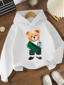 Boys' Spring & Fall Casual Creative Cartoon Bear Print Hooded Long Sleeve Sweatshirt, Comfortable Fitted Pullover, Perfect Gift