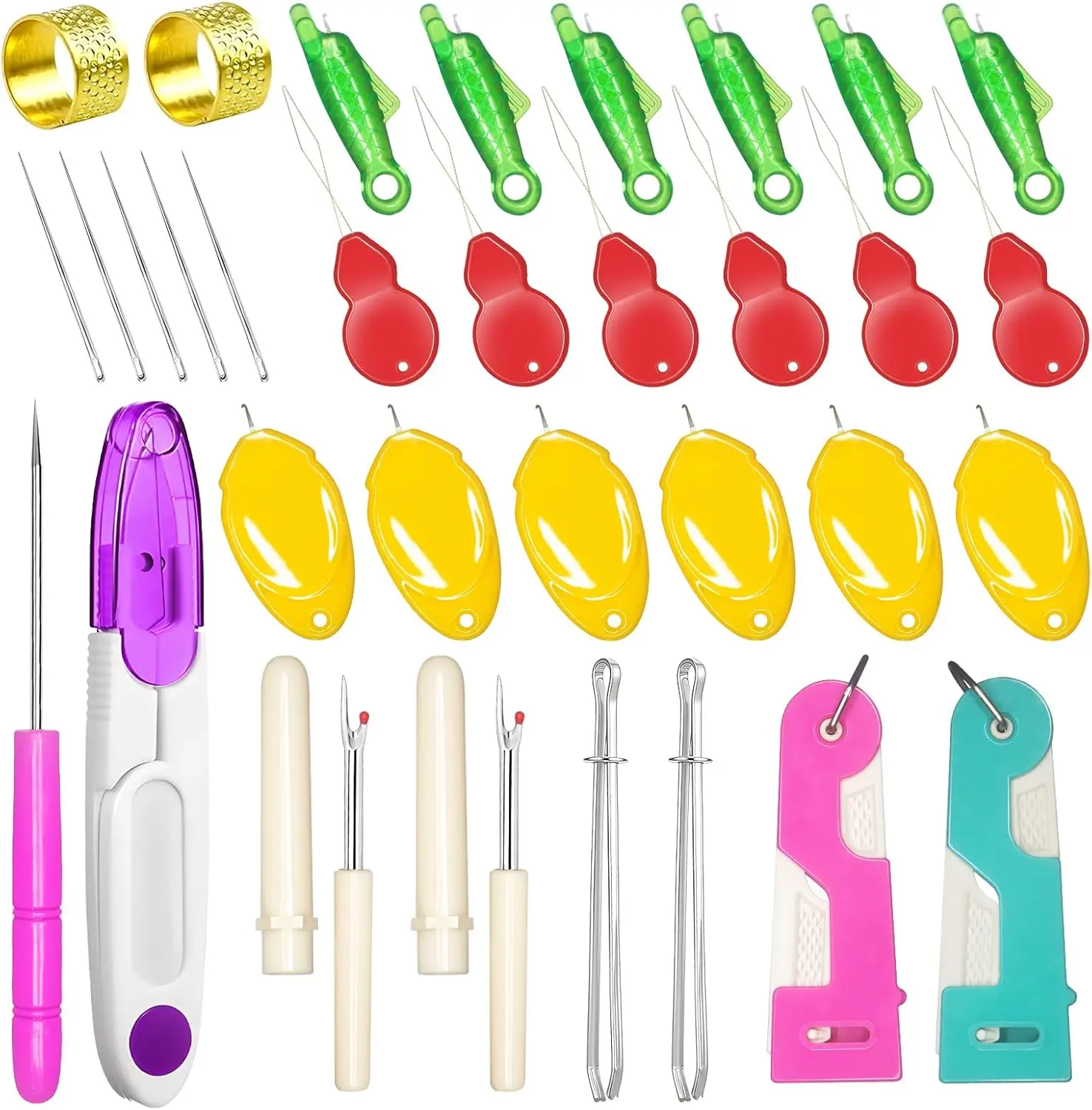 33 Pcs Sewing Tool Kit - with Automatic Needle Threader/Fish Mouth Easy Threader/Gourd and Thumb Shaped Simple Threader/Seam Rippers/Thread Snips/Drawstring Threaders/Awl/Thimbles/Needles