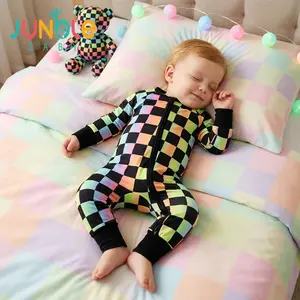Junblebaby Neon Rainbow Checkerboard Print Baby Romper, baby bamboo zipper romper,baby onesize,Natural Bamboo Fiber Long Sleeve 2-Way Zipper Footed Onesie, Trendy Street Style Sleep Play Pajamas for Baby Boys Girls 0-3T US