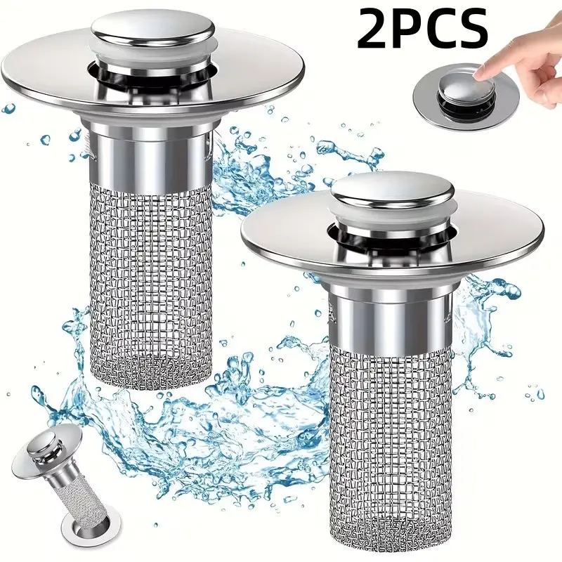 2-Piece Stainless Steel Pop-Up Sink Drain Filter, Drain Protector, Bath Drain Cover with Removable Basket, Hair Catcher, Easy Snap-On Plug Replacement, No Chemicals Needed, Cleaning, Bathroom Organization, Bathroom Gadgets, Bathroom Accessories