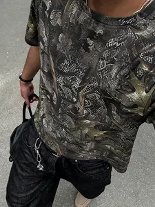 Men's Vintage Camouflage Leaf Print Loose Fit Short Sleeve T-Shirt, Y2K Streetwear Dark Aesthetic, Casual Daily Wear Top