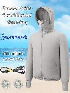 Men's Summer Air Conditioning Suit with 2 Fans and Data Cable, Breathable Sunscreen Heat-Resistant Fishing Jacket, Zip-Up Lightweight Jacket, Outdoor Wear