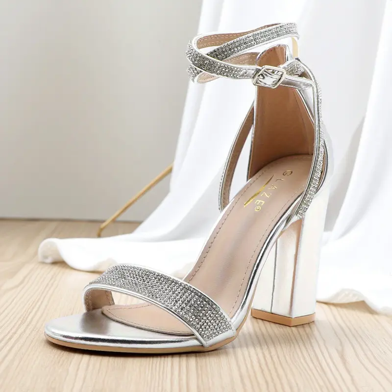 Women's Elegant Rhinestone Heeled Sandals, Open Toe Chunky Block Heels with Adjustable Buckle Strap, Classic Dressy Shoes for Wedding & Party
