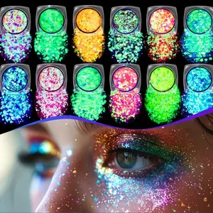 12 Colors Quick Dry Glow in the Dark UV Glitter Gel: Water-based Chunky Glitter for Luminous Body Art - Perfect for Mardi Gras, Carnival, Halloween, Rave, EDM Festival, and More! Makeup Cosmetic Face Paint