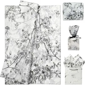 Floral Bird Tissue Paper Bulk 60 Sheets 20x14in,  Black & White Flower Tissue Paper for  Bags,  Wrapping Craft, Elegant Art Packing Supplies for Wedding, Birthday, Holiday Dec
