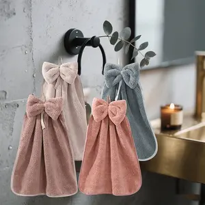 4pcs Absorbent Super Soft Microfiber Coral Velvet Hand Towels with Hanging Loop & Bowknot Design for Kitchen Bathroom Decoration