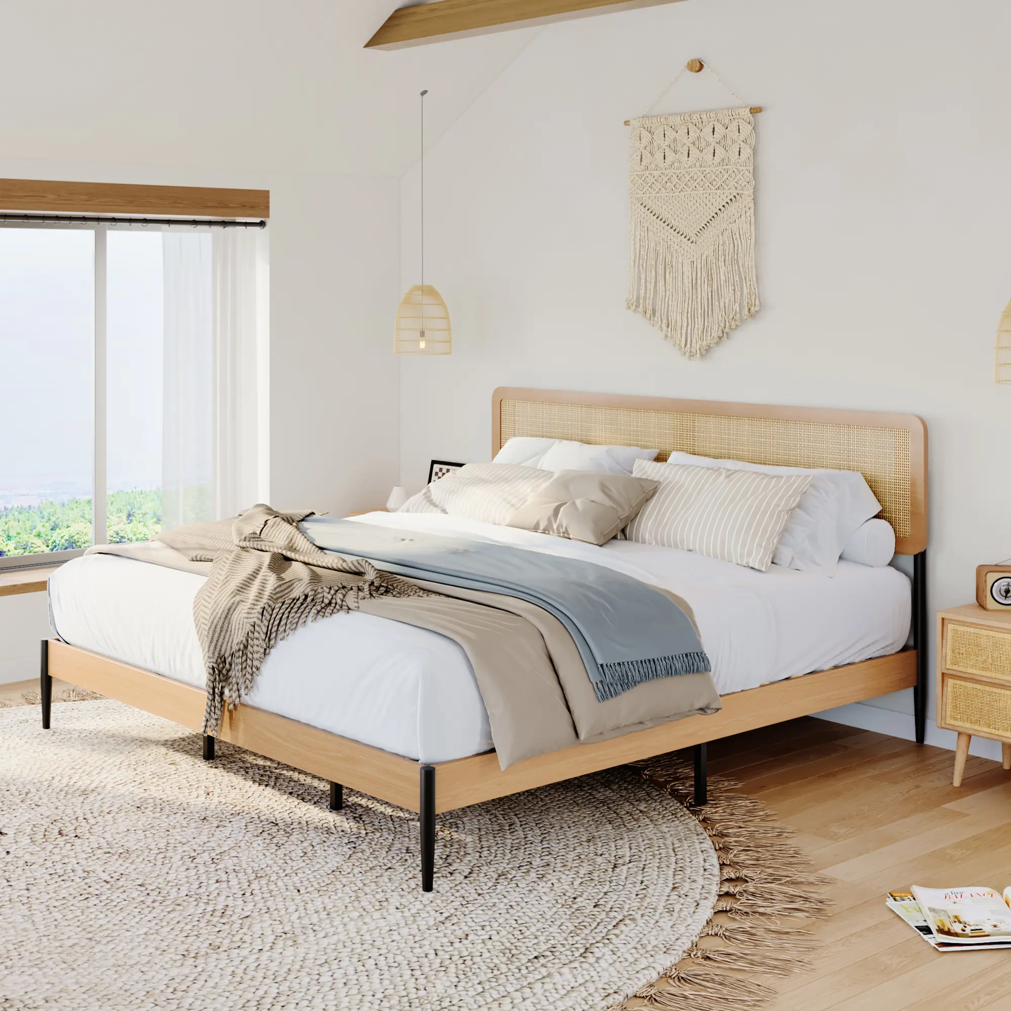 Wooden Platform Bed Frame with Natural Rattan Headboard, Oak Rubber Wood Bed Frame with Silent Slats, 1000 Lbs Support, Easy Assembly, Mid Century Modern Japanese Style Beds with Storage