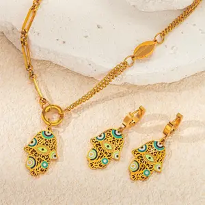 Gold Hamsa Hand Evil Eye Jewelry Set – Protective Charm Necklace, Bracelet & Earrings | Boho Lucky Jewelry for Women
