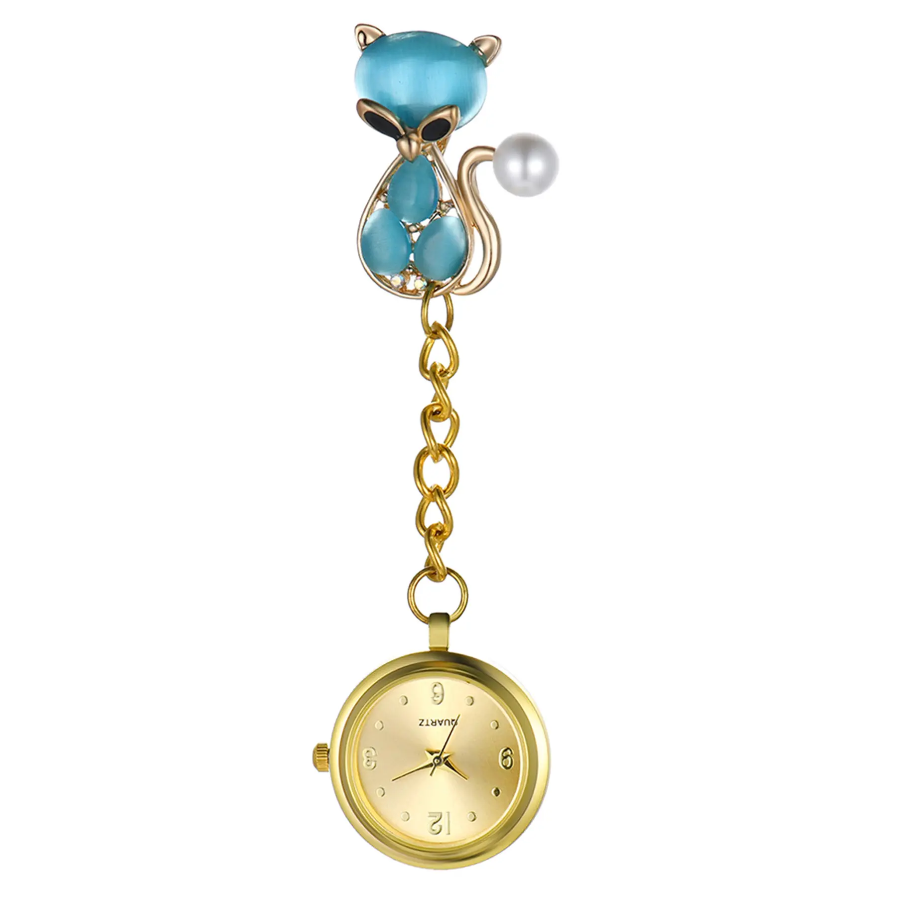 OIDEA Unisex Gold Tone Cat's Eye Cat Brooch Pocket Watch - Quartz Movement, 1ATM Water Resistance, 4.13in Height, Alloy Fashion Accessory for Nurses Week, Birthdays (Character-Based Pocket & Fob Watches)