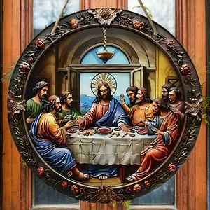 Vintage Round Wooden Hand Engraved Hanging Painting, 1 Count Jesus & The Last Supper Pattern Religious Hanging Ornament, Wall Art Decor for Home Living Room Bedroom Decoration, Gift