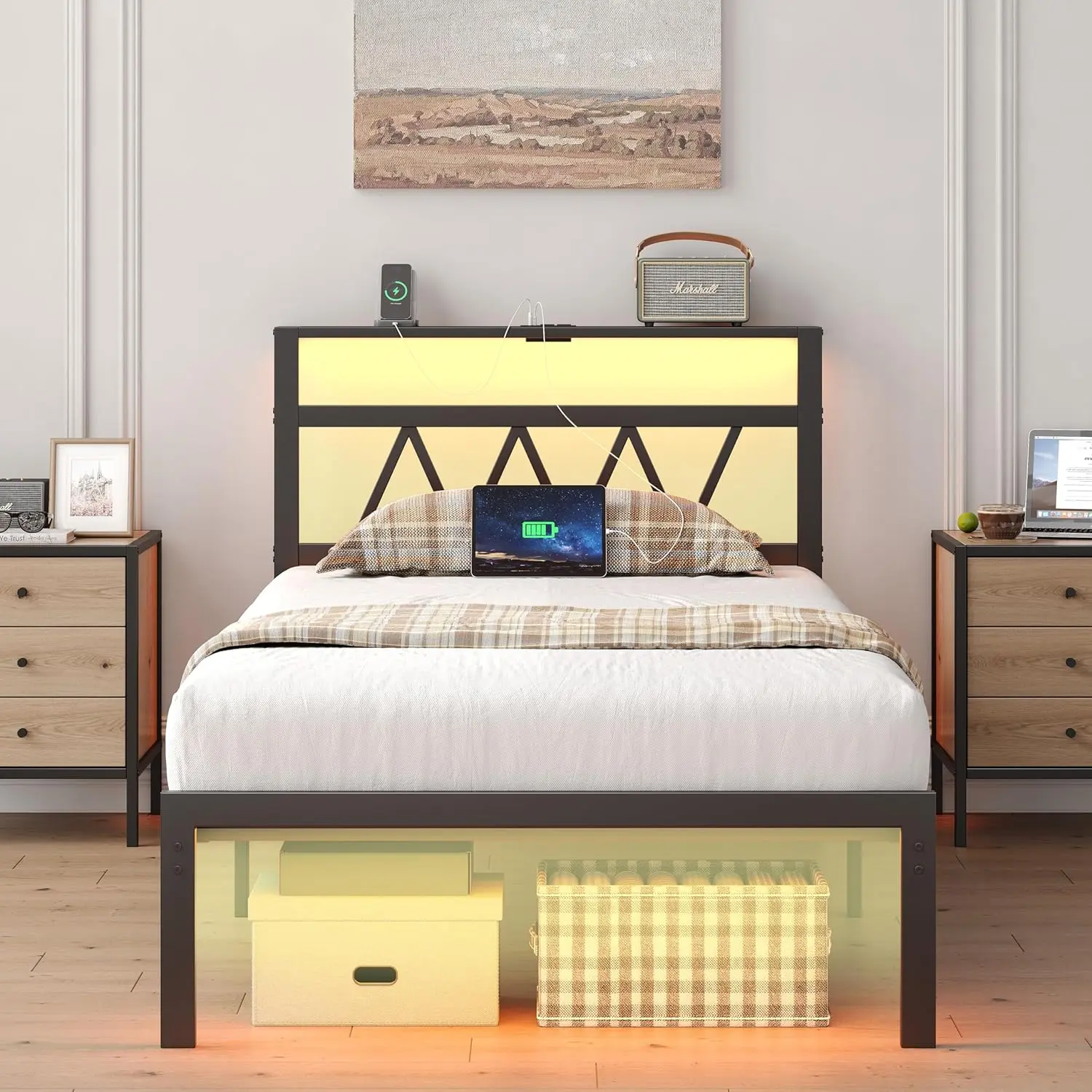 Bed Frame with Smart LED Lights and Bed Wood Slats No Box Spring Needed Noise Free Easy Assembly Twin Full Queen King Size Modern Design Bedroom Furniture White
