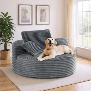 Oversized Round Sofa Bed Fluffy Lazy Bean Bag Modern Deep Seat Couch for Relaxation Plush Corduroy Fabric 3 Pillows Included No Assembly Required