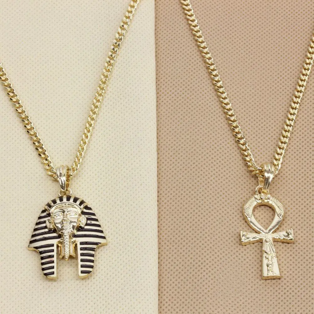 14K Gold Plated Gilded Dynasty Pharaoh and Ankh Bundle 30inch Cuban Chain High Fashion Bling