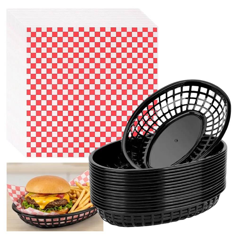 115pcs Reusable Plastic Food Baskets & Red Check Paper Sheets Pack (15 Baskets, 100 Sheets) for Hotdogs, Burgers, Fries, Sweets, Crisps, Snacks - Movie Nights, Summer Events - Home Improvement Supplies, 115Pcs(15 Food Baskets And 100 Paper Sheets)