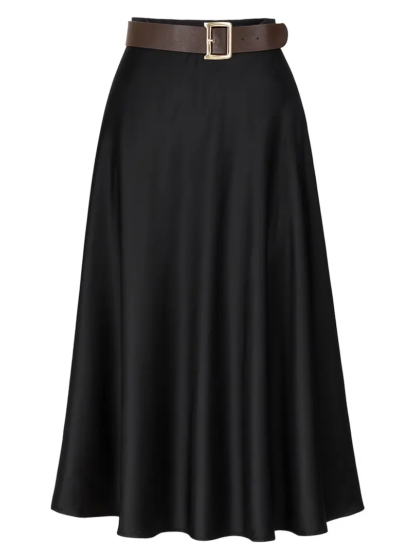 Sofia A-Line Midi Skirt with Brown Belt Gold Buckle - Chic Flowing Silhouette Flattering Every Figure Elegant Versatile Design