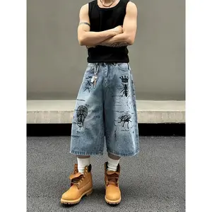 Men's Washed-out Distressed 7/8-length Denim Shorts, New Summer 2025 Style, American Retro Cool Casual 7/8-length Pants with Insect Print Patterns., PLUS SIZE
