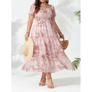 Plus Size Elegant Pink Floral Printed Dress With Big Hem Maxi Women Outfit, Mother's Day Gift