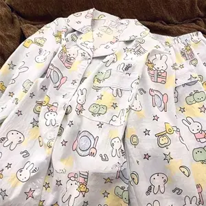 Kawaii Miffy Long Sleeve Sleepwear Set Cotton Lightweight Cute Cartoon Rabbit K-trend Loose Fit Pajamas for Women Cozy Home Wear