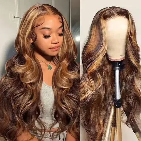 Body Wave Human Hair Wigs P4 27 Highlight HD 13X6 Lace Frontal Wigs Ombre Body Wave Lace Front Human Hair Wigs For Women 180% Density 99J Human Hair Body Wave Wigs