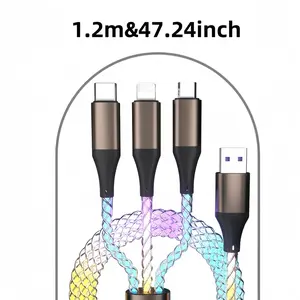 120W Fast Charging Data Cable 3 In 1RGB Streamer Data Cable USB Car Charge Cable Length 47.24 inch For Most Cell Phones and Tablets Colorful Led Smartphone