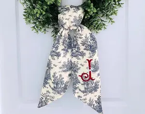 Monogrammed Navy Blue Toile Christmas Wreath Sash for Front Door - Personalized Embroidered Chinoiserie Christmas Home Decor