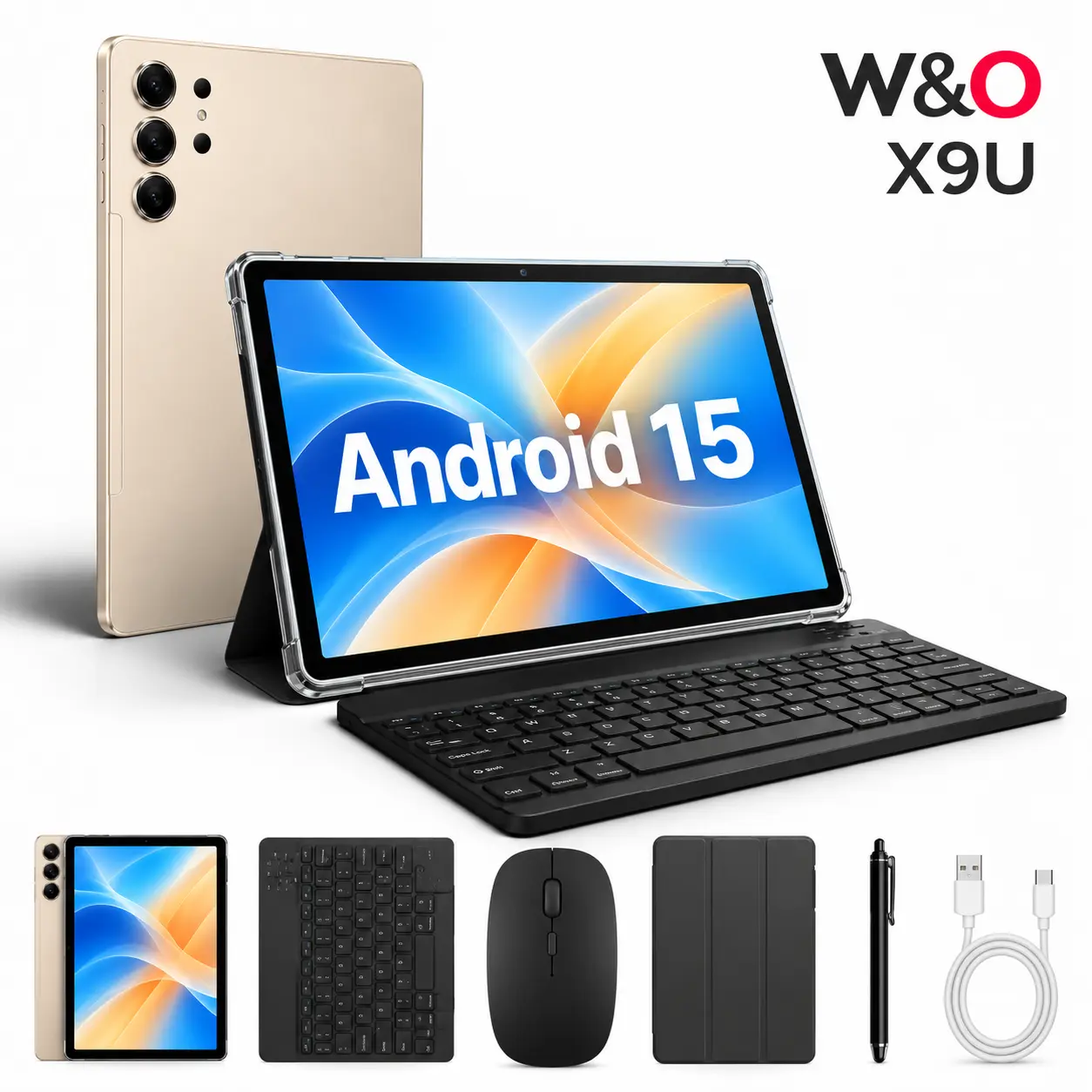 W&O X9U Tablet Bundle, 11" Android 15 Tablet, 12GB RAM 256GB Storage, 10000mAh Battery, GPS, 5G Network, Keyboard, Mouse, Stylus & Case for Students and Office