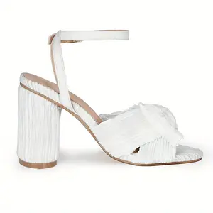 Elegant Women's Open Toe Block Heel Sandals with Bowknot - White Faux Cover Wedding Bridal Shoes, Rubber Sole, PU Inner Lining, Hand Washable, Perfect for Special Occasions, Wedding Shoes for Bride