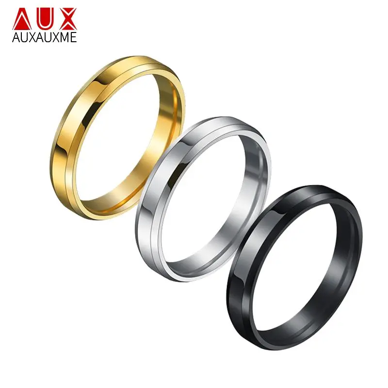Auxauxme 4mm Titanium Stainless Steel Simple Rings Black Wedding Bands Ring For Women Men High Polished  Jewelry
