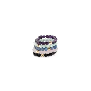 Gemstone Bead Ball Bracelet Stack with 14K Gold Filled Accent – Adjustable Jewelry Set for Girls | Cute Stackable Fashion Bracelet (8mm)