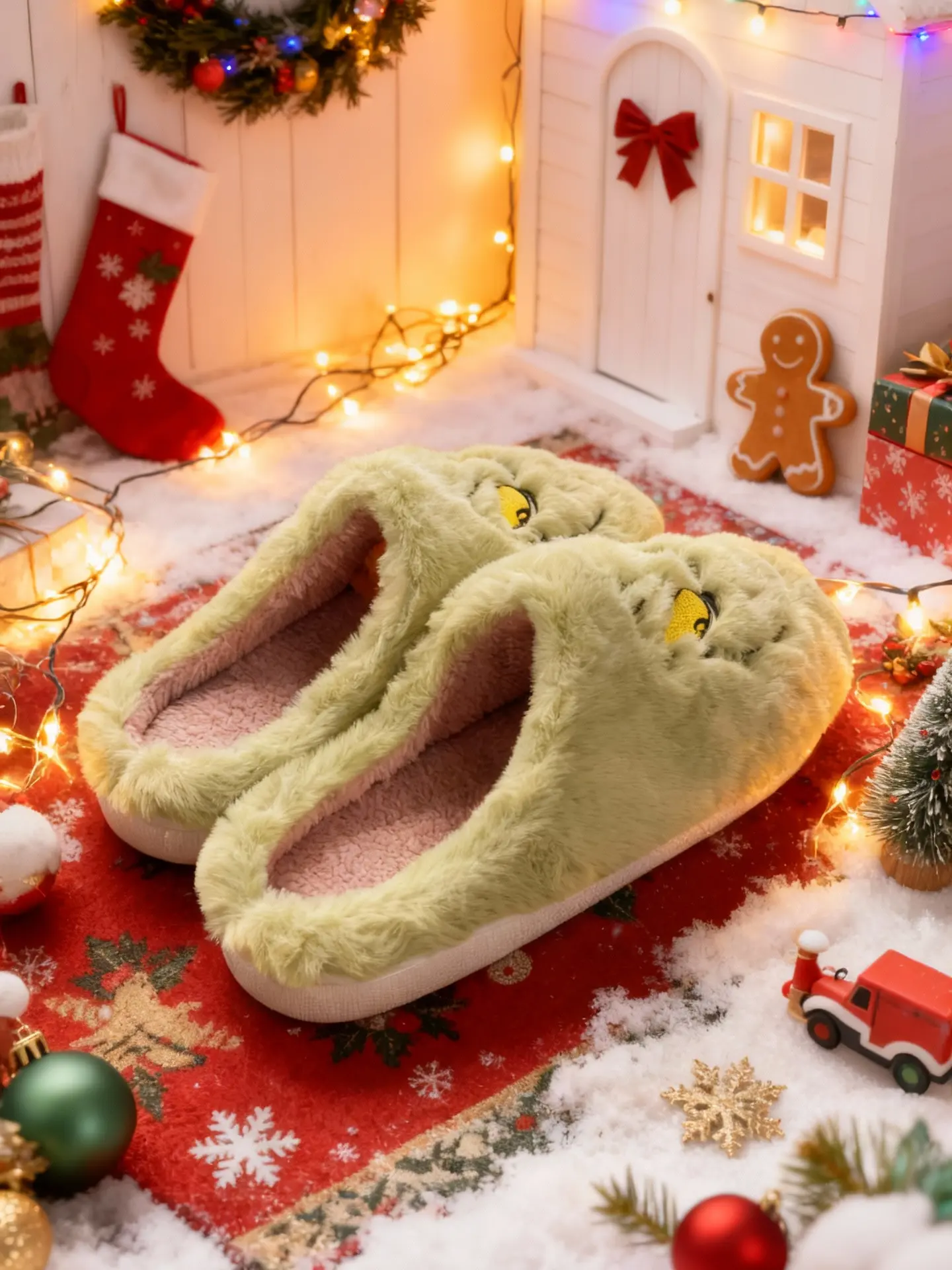 Women's Furry Monster Slide Slippers - Unisex Soft-Soled Cozy House Footwear, Christmas Green Autumn & Winter Novelty Gift, Polyester