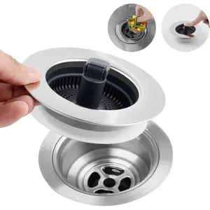 3 in 1 Kitchen Sink Drain Strainer, Stainless Steel Wrapped Shell Drain Stopper Combo, Pop Up Sink Stopper, Anti-Clogging Basket Strainer with Foldable Handle for US Standard 3-1/2" Drain