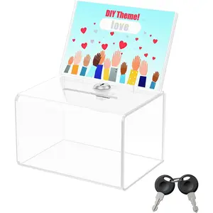 6.3" x 4.6" x 4"  Donation Box for Fundraising, Clear Suggestion Box with Slot and Lock, Thickened Ballot Boxs for Charity Tip Collection, Plastic Storage Container with Sign Holder