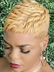 27 Blonde Honey Pixie Cut Wig Human Hair Curly Wave Layered Style with Bangs Golden Wig for Women Machine Made Wig