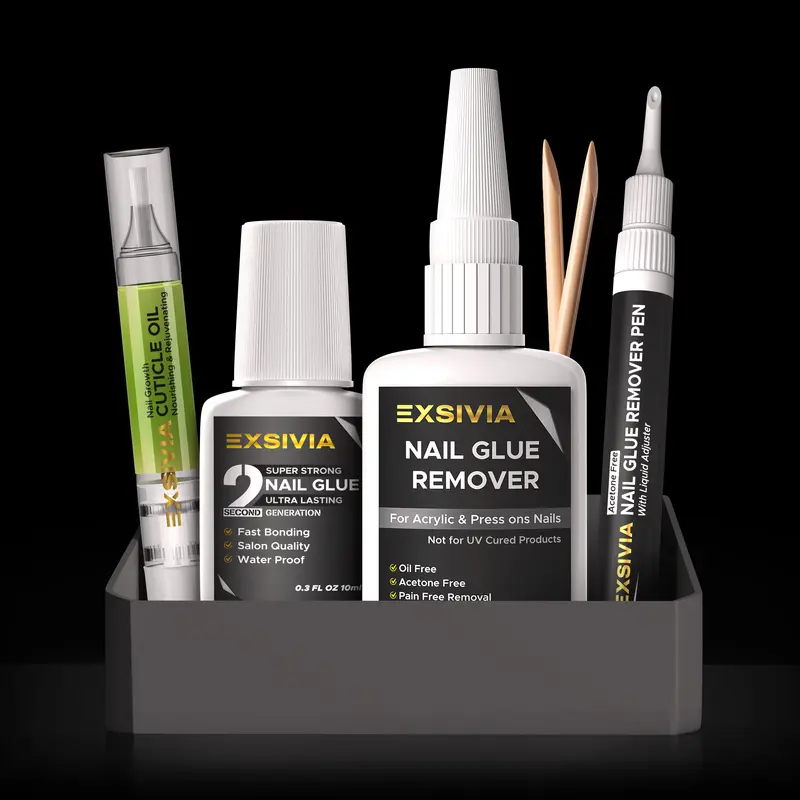 Exsivia Nail Care Essential Kit - Bundle With Nail Glue, Nail Glue Remover, Cuticle oil & Nail Glue Remover Fast Remover Gel Nail Glue Remover