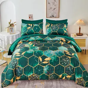 Hexagon Emerald Green Comforter Set Queen Geometric Bedding Set 7 Piece Bed in A Bag with Gold Trim Print Pattern All Season Marble Bed Set with Sheets (Emerald Green, Queen)