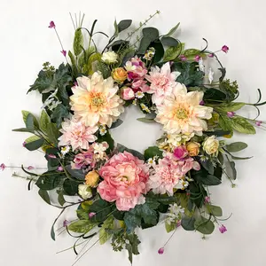 Spring Wreaths for Front Door 18 Inch, Artificial Dahlia Floral Spring Summer Wreath with Dahlia Peony and Daisy, Large Spring Door Wreath for All Seasons Outside Indoor Home Porch Wall Décor