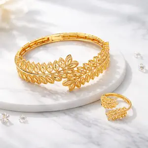 Vintage Wheat Leaf Gold Plated Bracelet Ring Set Open Cuff Dubai Style Jewelry for Festival Wedding Daily Wear Accessories for Women Valentines&birthday Boujee Gifts for gf