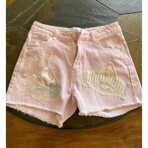 Cotton Denim ReLoved Vintage Lace Embellishment Pink Pastel Shorts