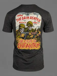 Men's Short-Sleeve Grim Reaper Infantry Tactical T-Shirt - Casual Baggy Military Veteran Combat Top, Skull Soldier Graphic American Patriot Apparel Gift