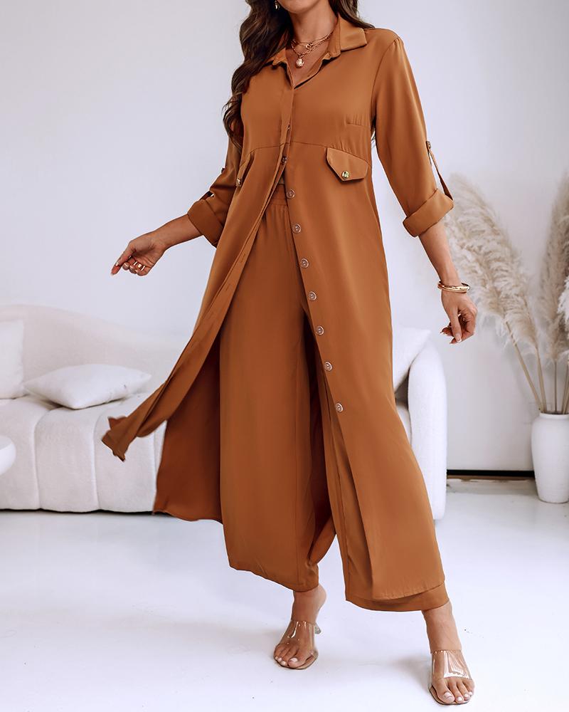 ChicMe 2 Pieces Outfit Turn-down Collar Long Sleeve Longline Blouse with Pockets/Elastic Waist Longline Blouse and Pants Set and Casual Elastic Waist Wide Leg Pants Set