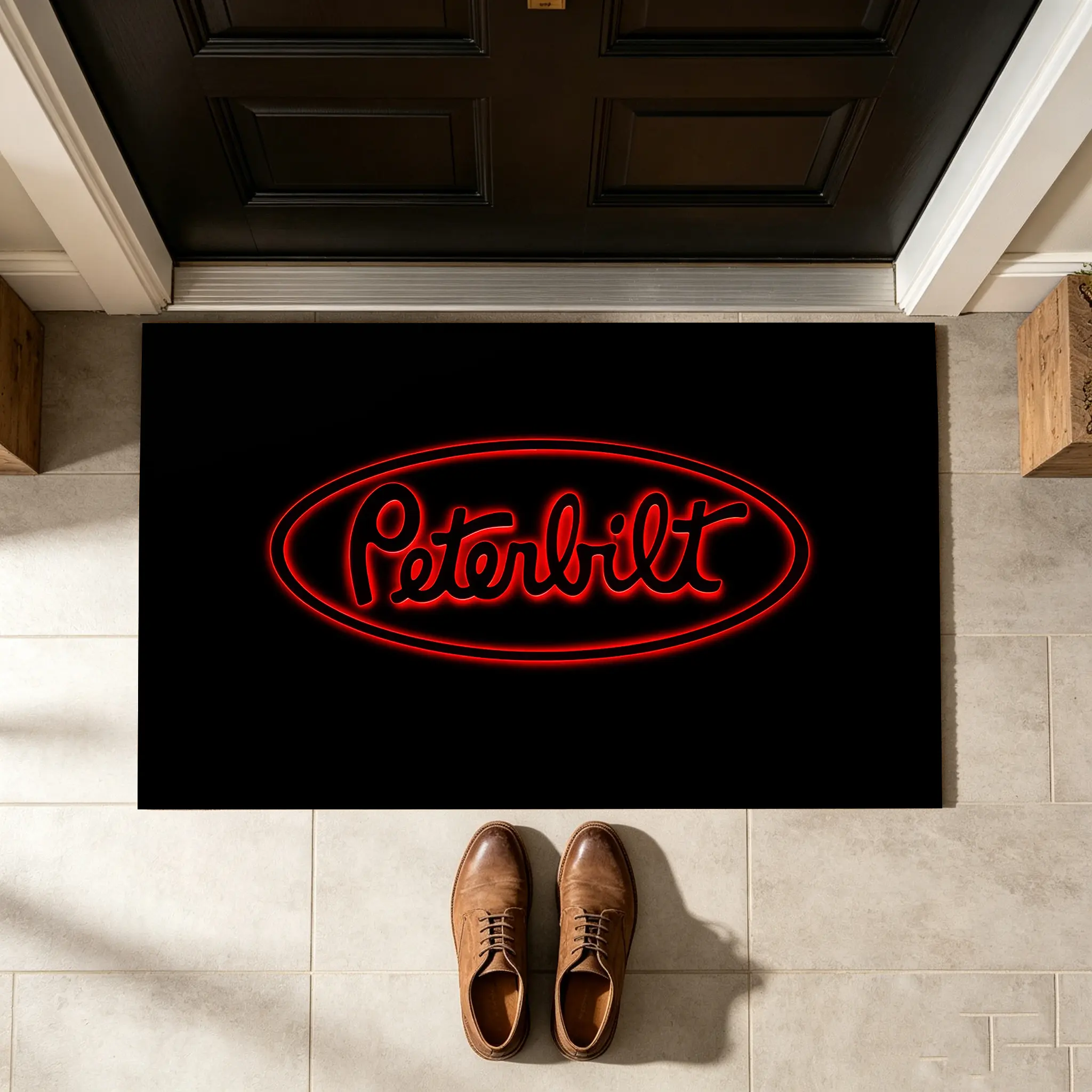 Peterbilt Oval Pattern Anti-Slip Entrance Mat, Red Truck-Themed Durable Floor Mat, Machine-Washable Garage Rug Gift for Truck Drivers, Anti Slip Mat