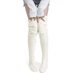 Women's Thigh High Socks Over the Knee Cable Knit Boot Socks, Long Warm Fashion Leg Warmers Winter Womenswear Basic White Minimalist