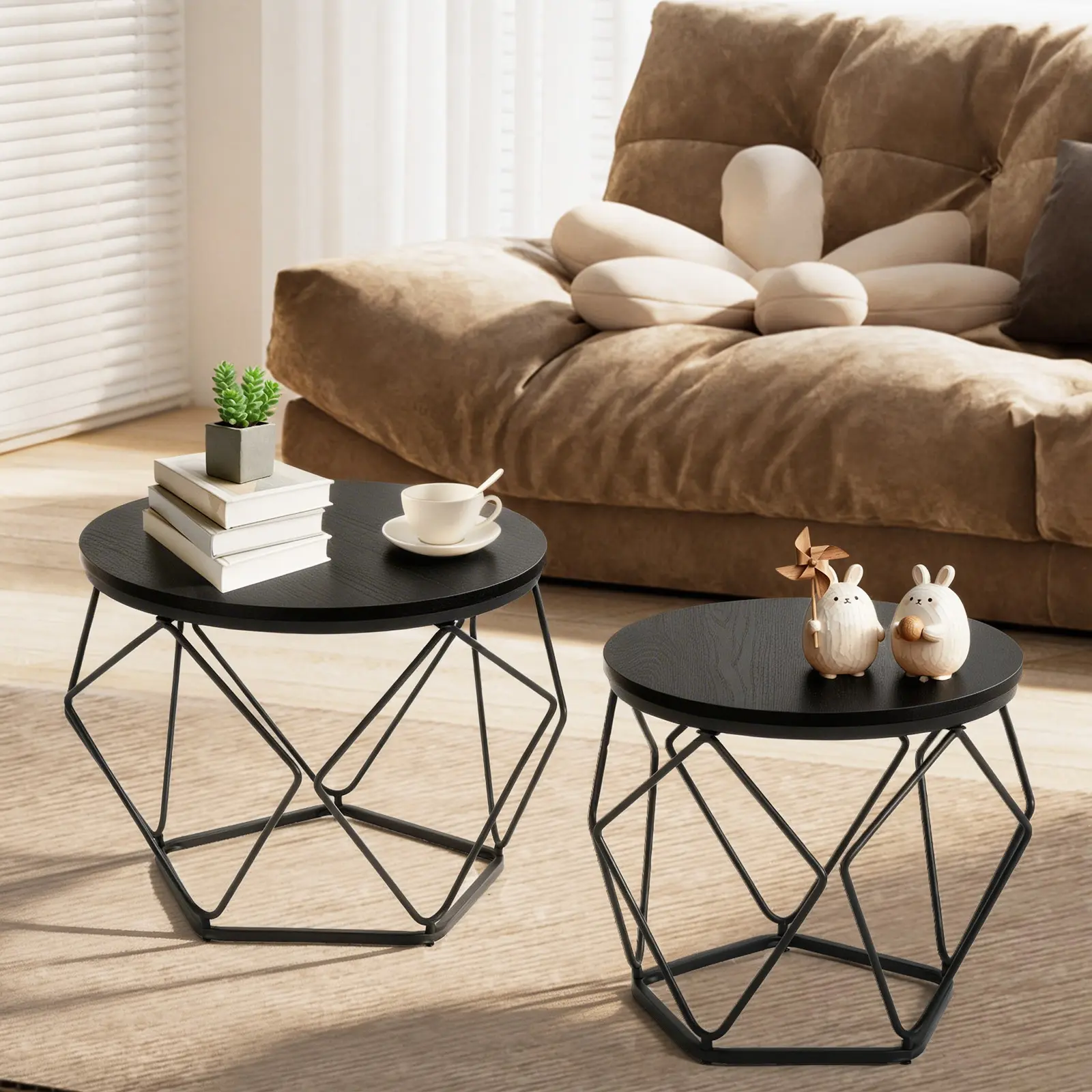 2-Piece Geometric Round Nesting Coffee Tables with Hidden Storage & Steel Frame, Stackable Side Tables for Living Room, Bedroom, Space-Saving Small Apartment Furniture