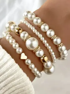 4pcs Set Elegant Vintage Style ABS Faux Pearl Beaded Bracelet Set Stackable Bracelets