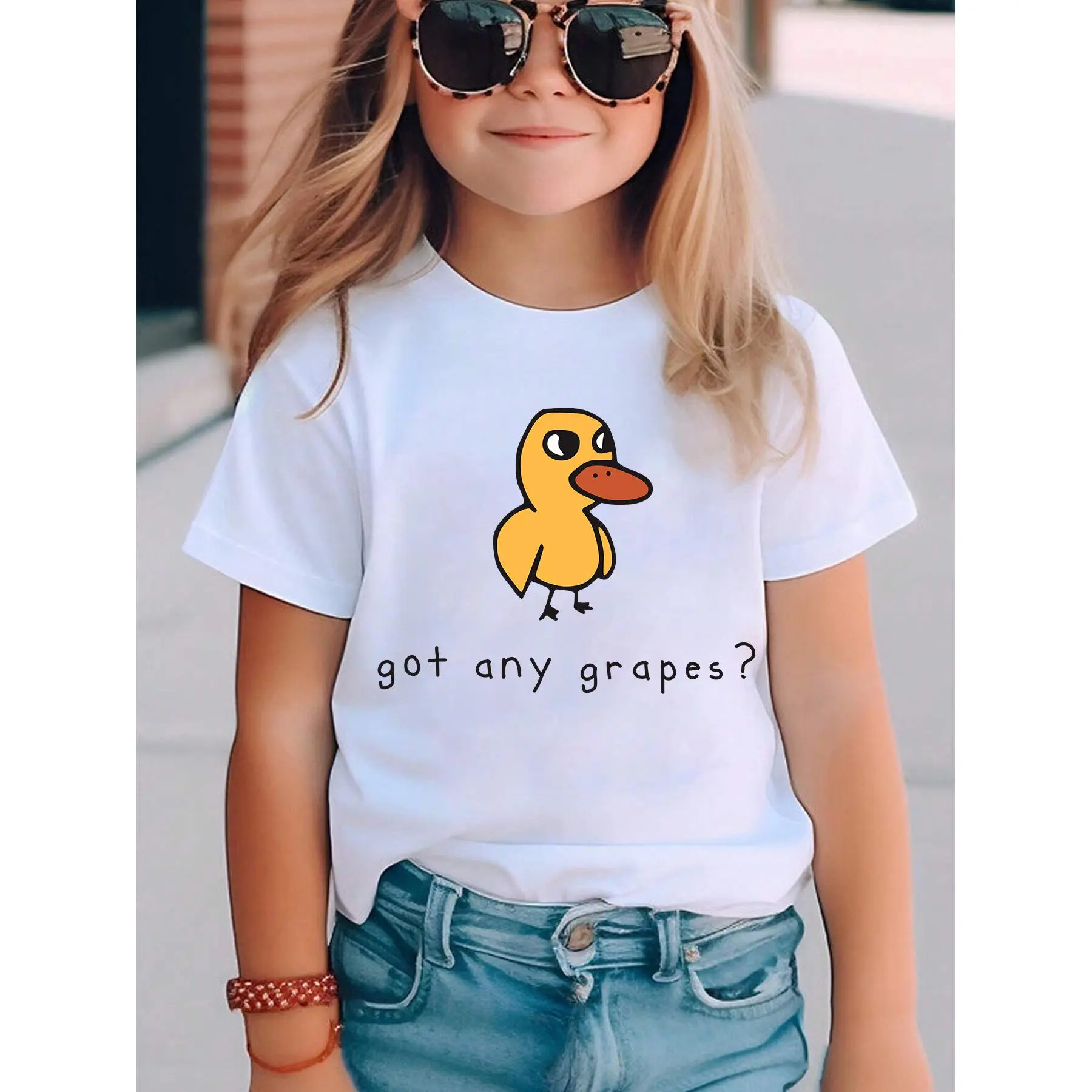 Girls' Casual Cotton Knit Short-Sleeve Crew Neck Sports Top - All-Over Print, 'Got Any Grapes' Graphic, Applique Details, Yellow Duck, Machine Washable, 3-4Y, 4-5Y, 5-6Y for Summer