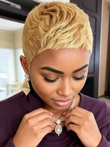 Short Pixie Cut Wig Human Hair, 27# Color Blonde, Machine-Made for Women, Stylish and Versatile Hairstyle, Perfect for Daily Wear