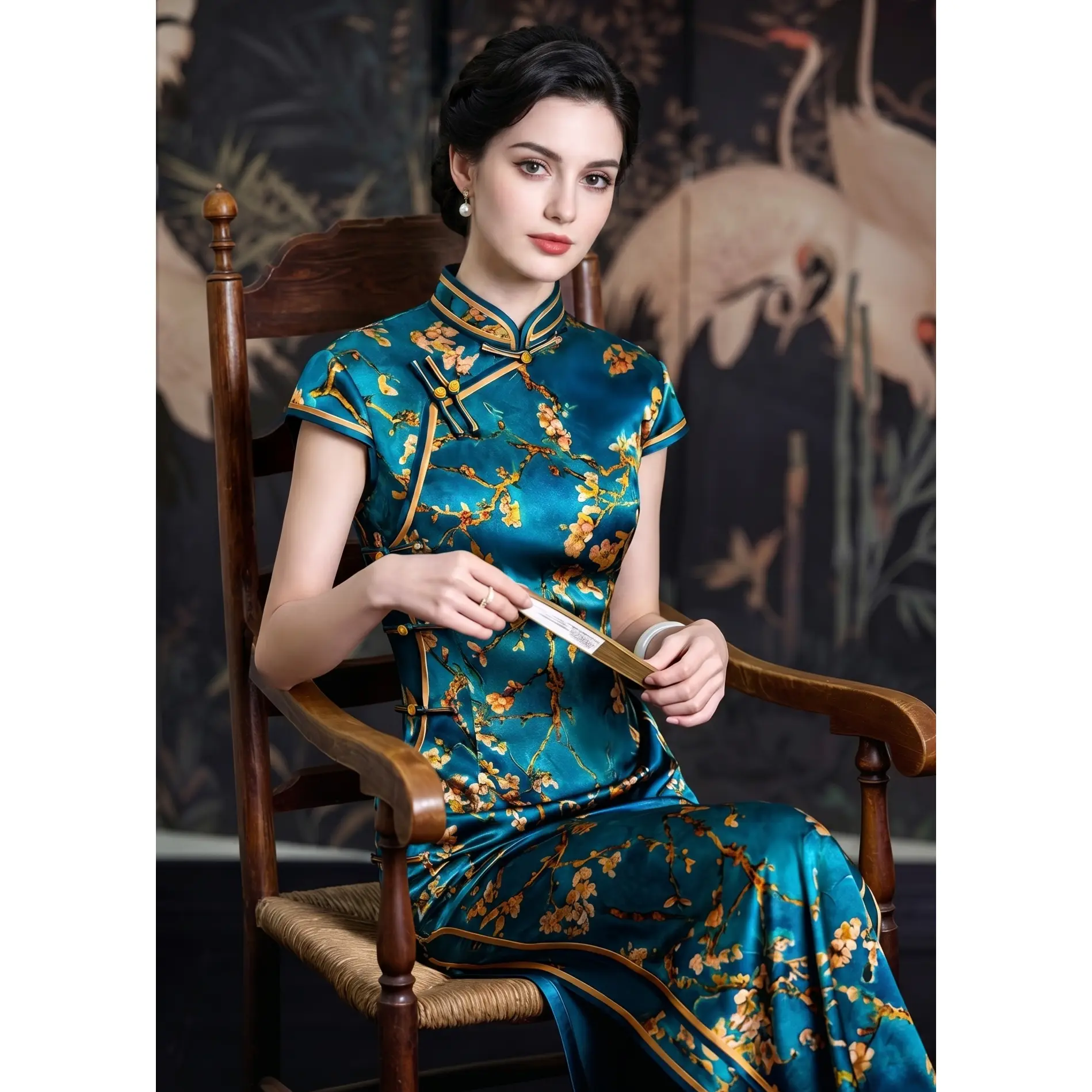 Emerald Teal Mulberry Silk Floral Branch Qipao Dress | Neo-Chinese Cheongsam, Elegant Modern Oriental Dress, Elegant Evening / Daily Wear